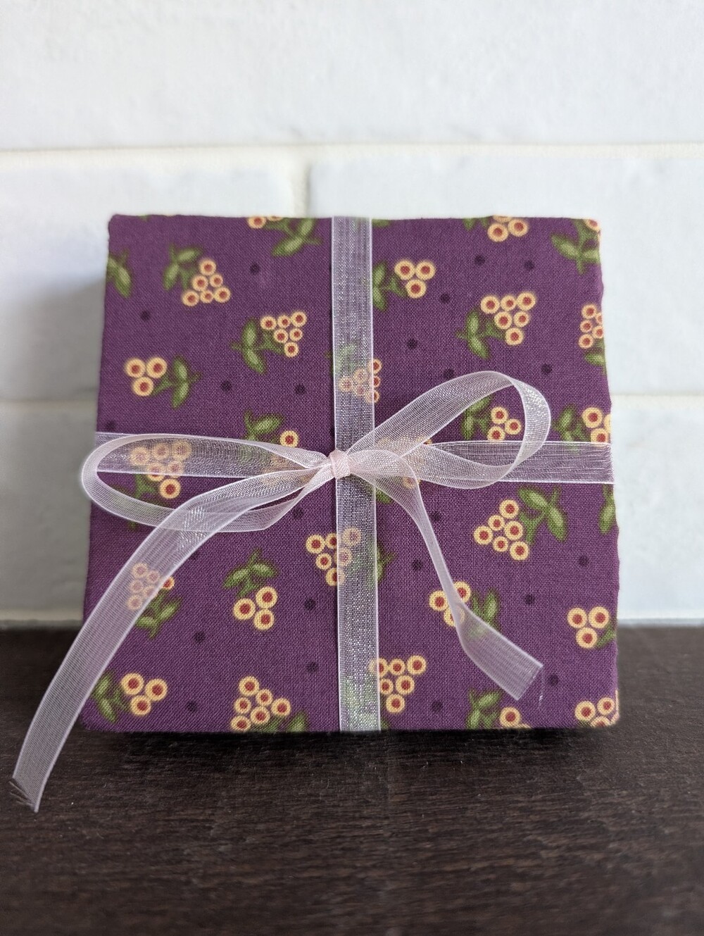 Set Of Four Handmade Fabric Coasters Purple With Berries